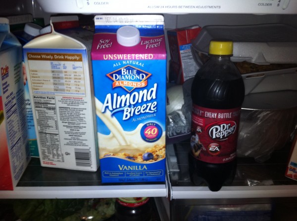 dr. pepper and almond milk in the fridge