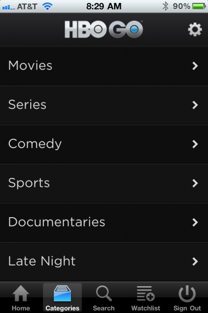 HBO GO categories